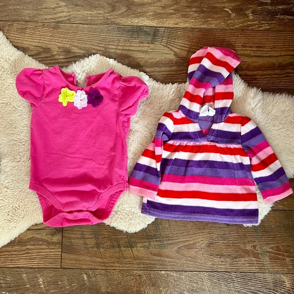 Children’s Place pink onesie + fleece stripe sweater. Onesie is 100% cotton. - Picture 1 of 1